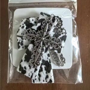 Black and White Hair Bow with Silver Cross Earrings